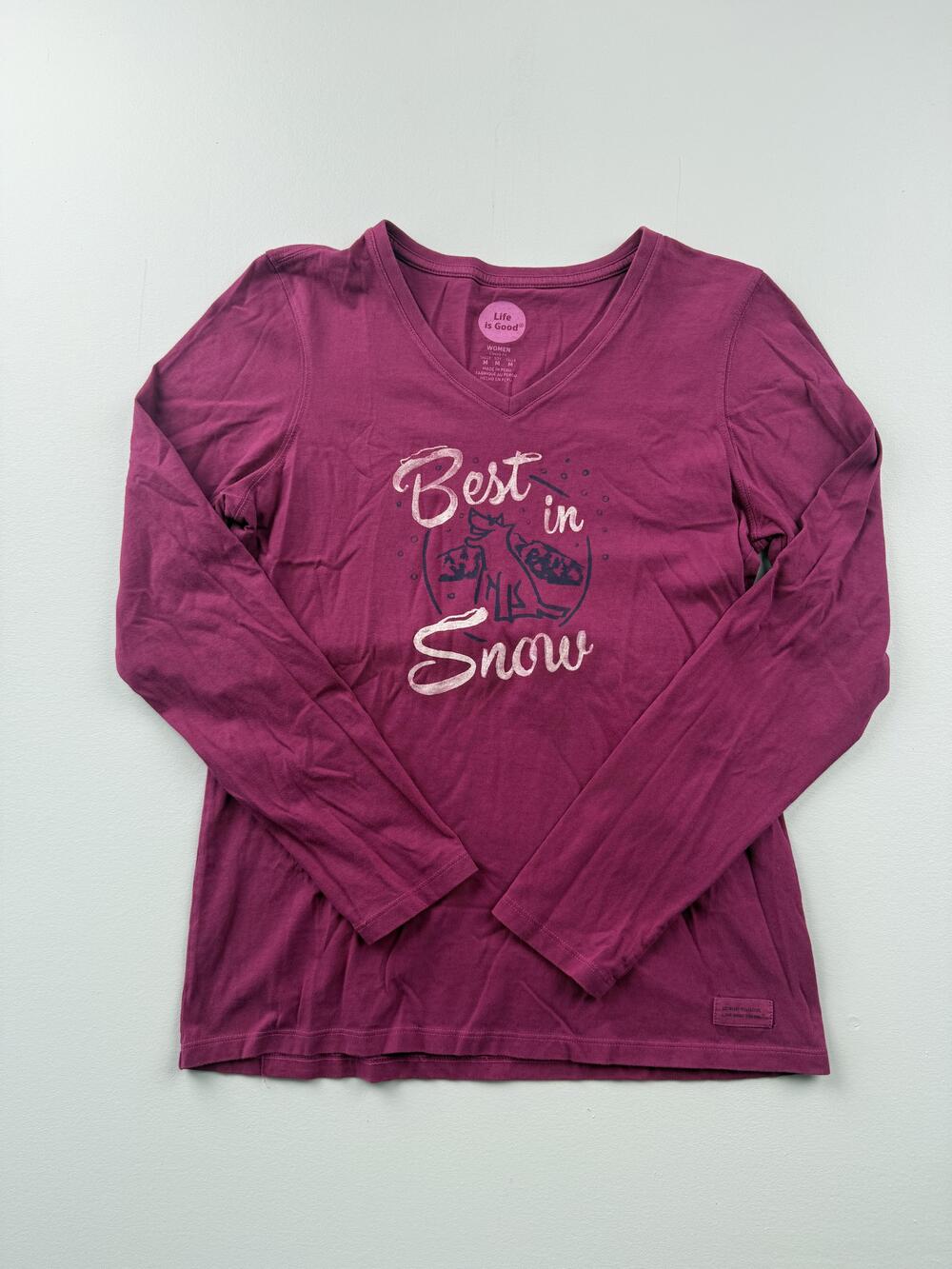 Life Is Good Shirt Womens Medium Purple V Neck Best In Snow Dog Graphic Top